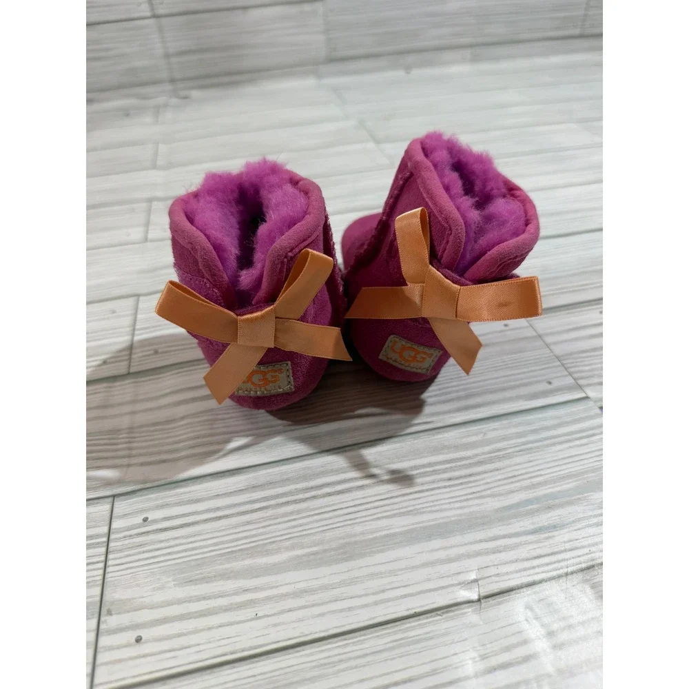 UGG Jesse Bow Pink Suede Orange Satin Bow Infant Booties 1006483I Size 0/1